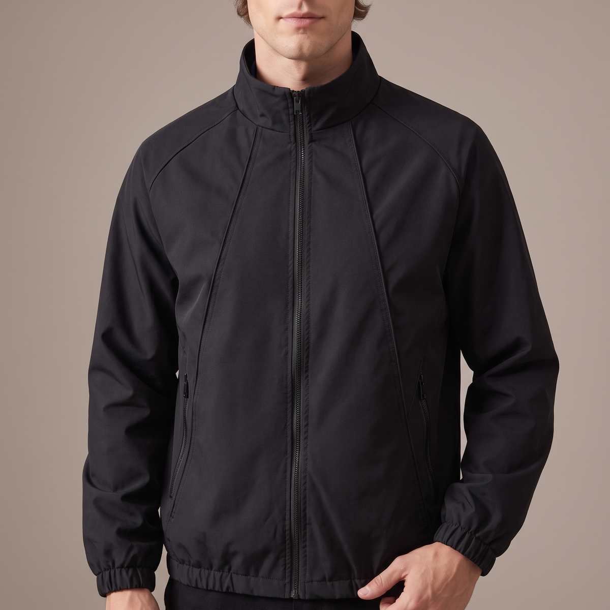 Close-up of the stand collar and zip, in black