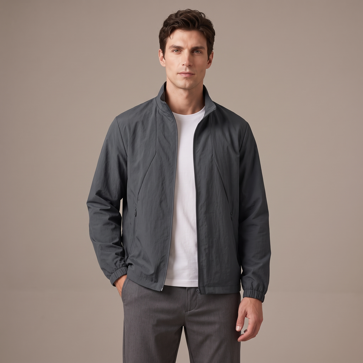 Men's water repellent stand collar windbreaker in charcoal