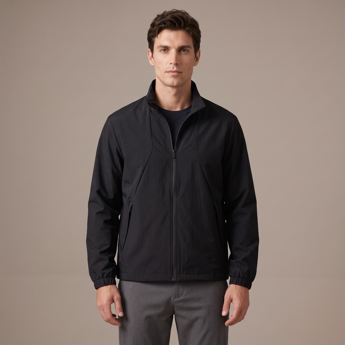 Men's water repellent stand collar windbreaker in black