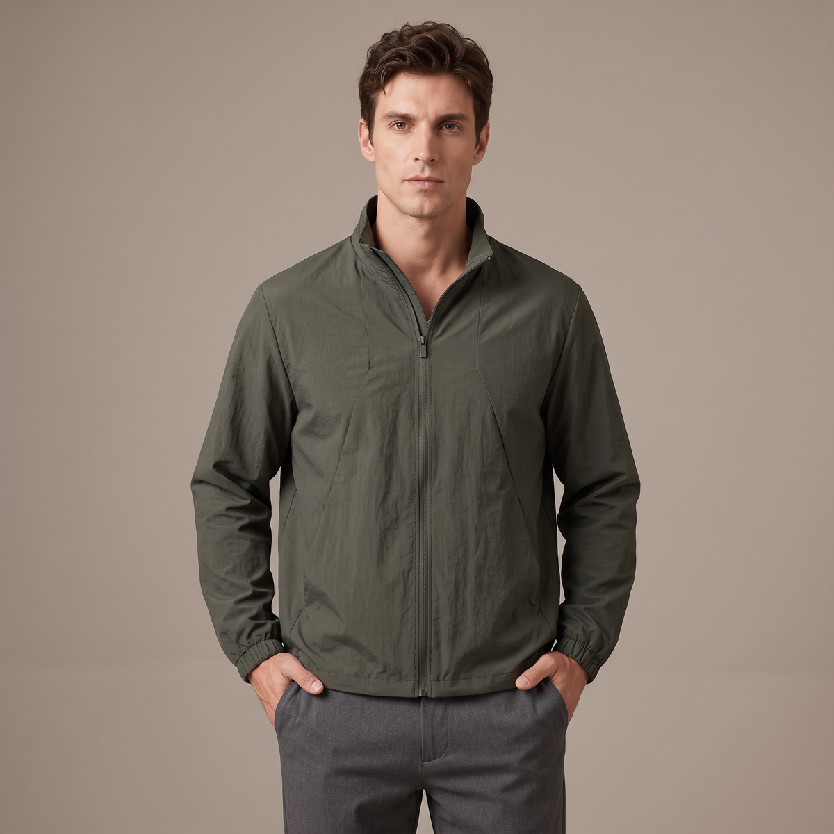 Men's water repellent stand collar windbreaker in olive