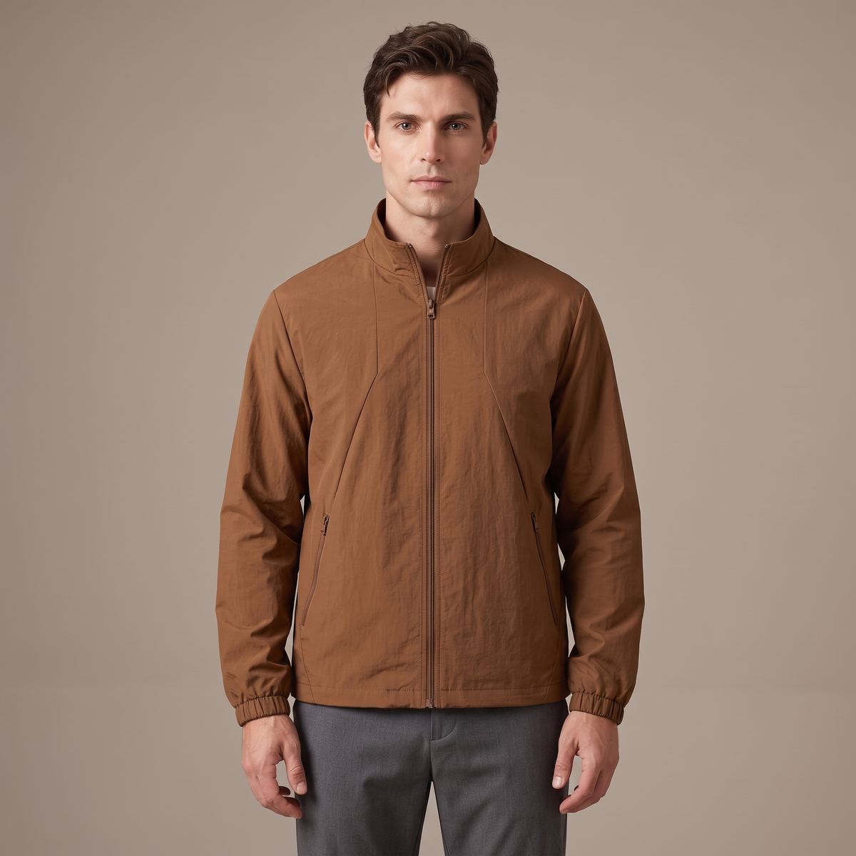 Men's water repellent stand collar windbreaker in brown