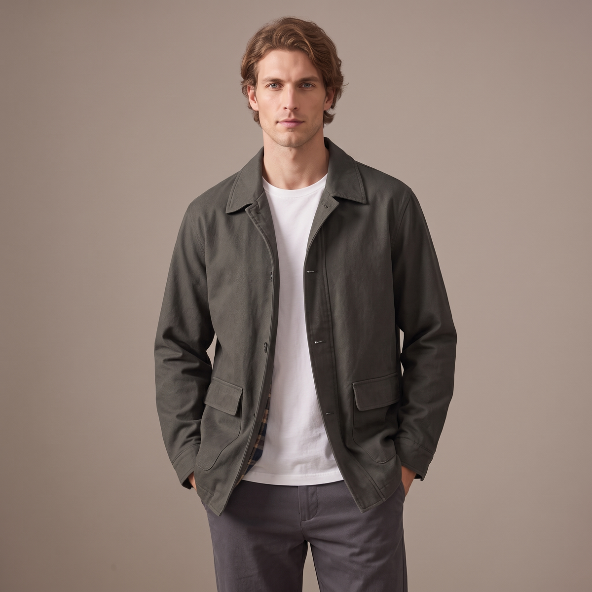 Men's cotton lapel collar jacket in olive