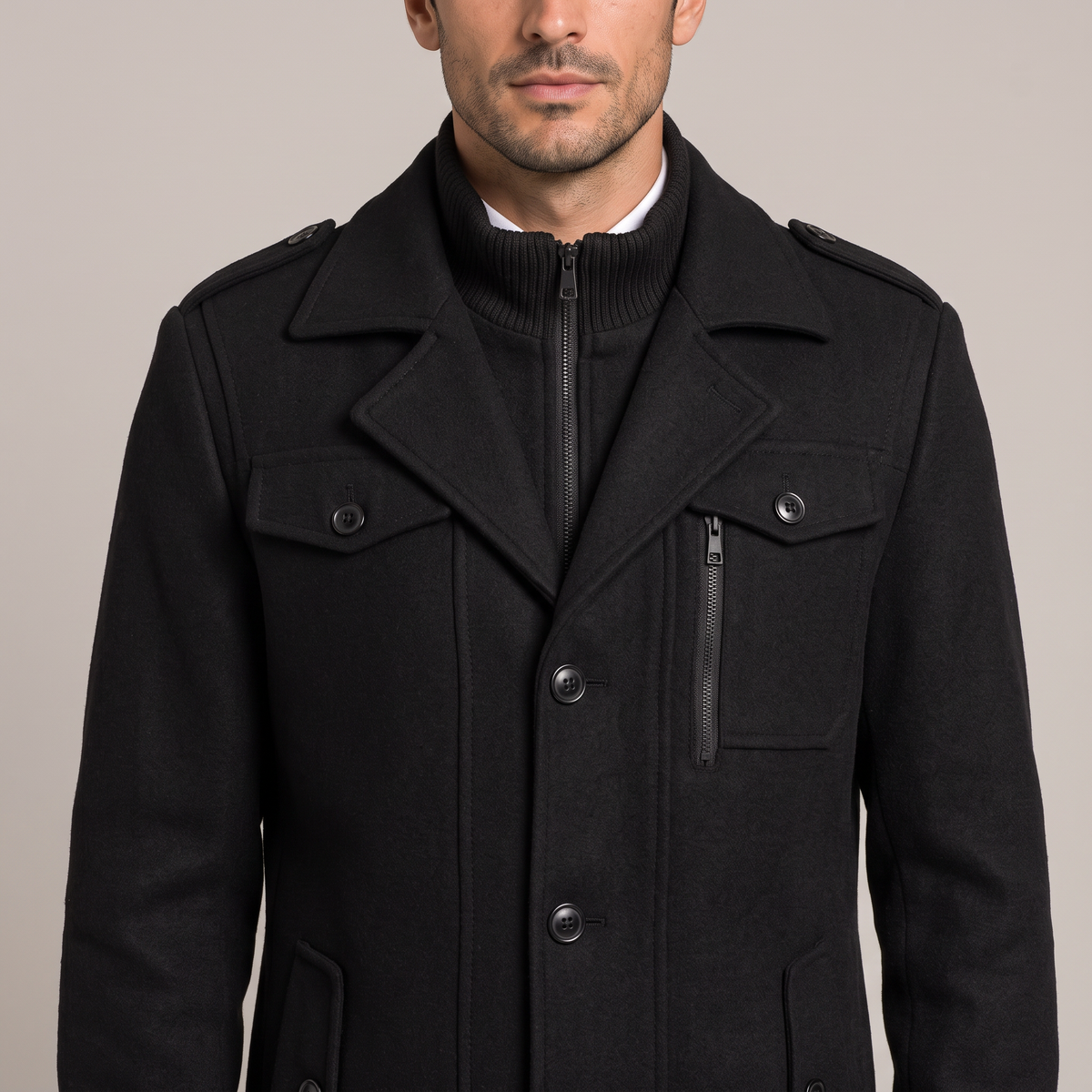 Close-up of the notched lapel over the inner stand collar, in black
