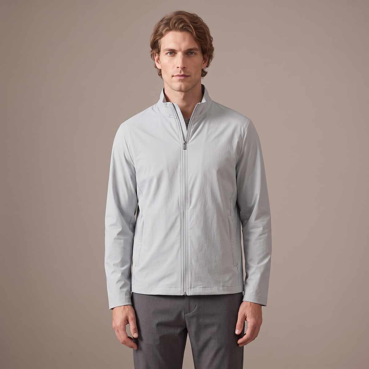 Men's stretch water repellent windbreaker in light grey
