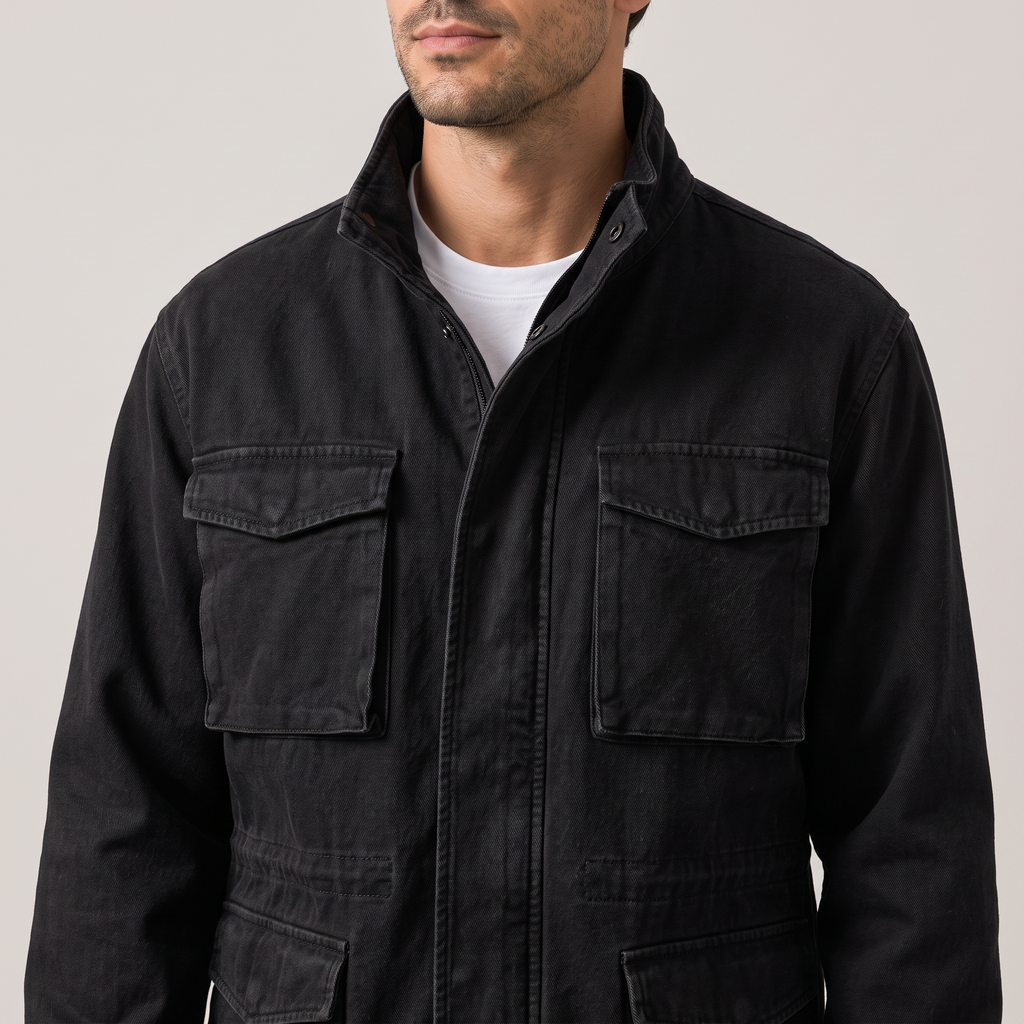 Close-up of the stand collar, buttons and chest pockets, in black