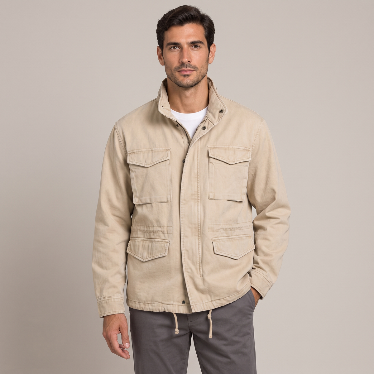 Men's washed multi-pocket workwear jacket in beige