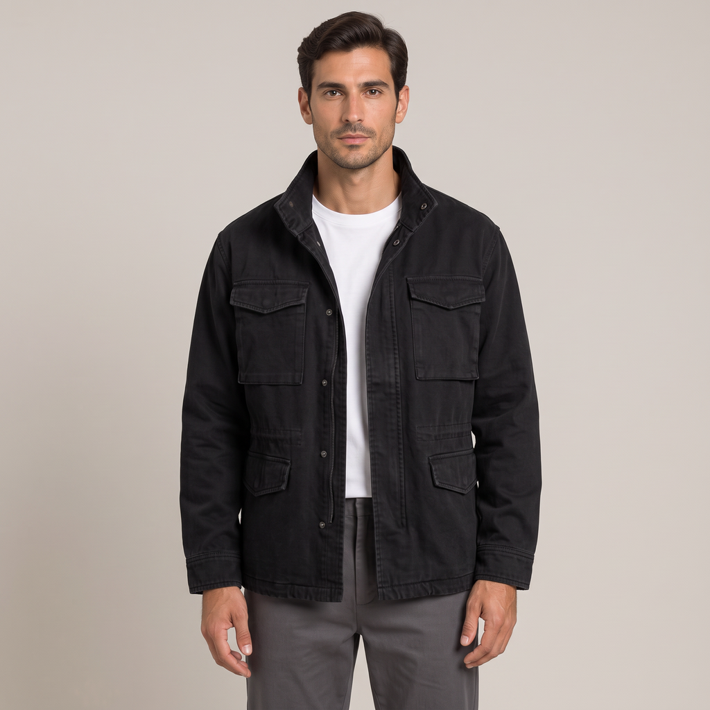 Men's washed multi-pocket workwear jacket in black