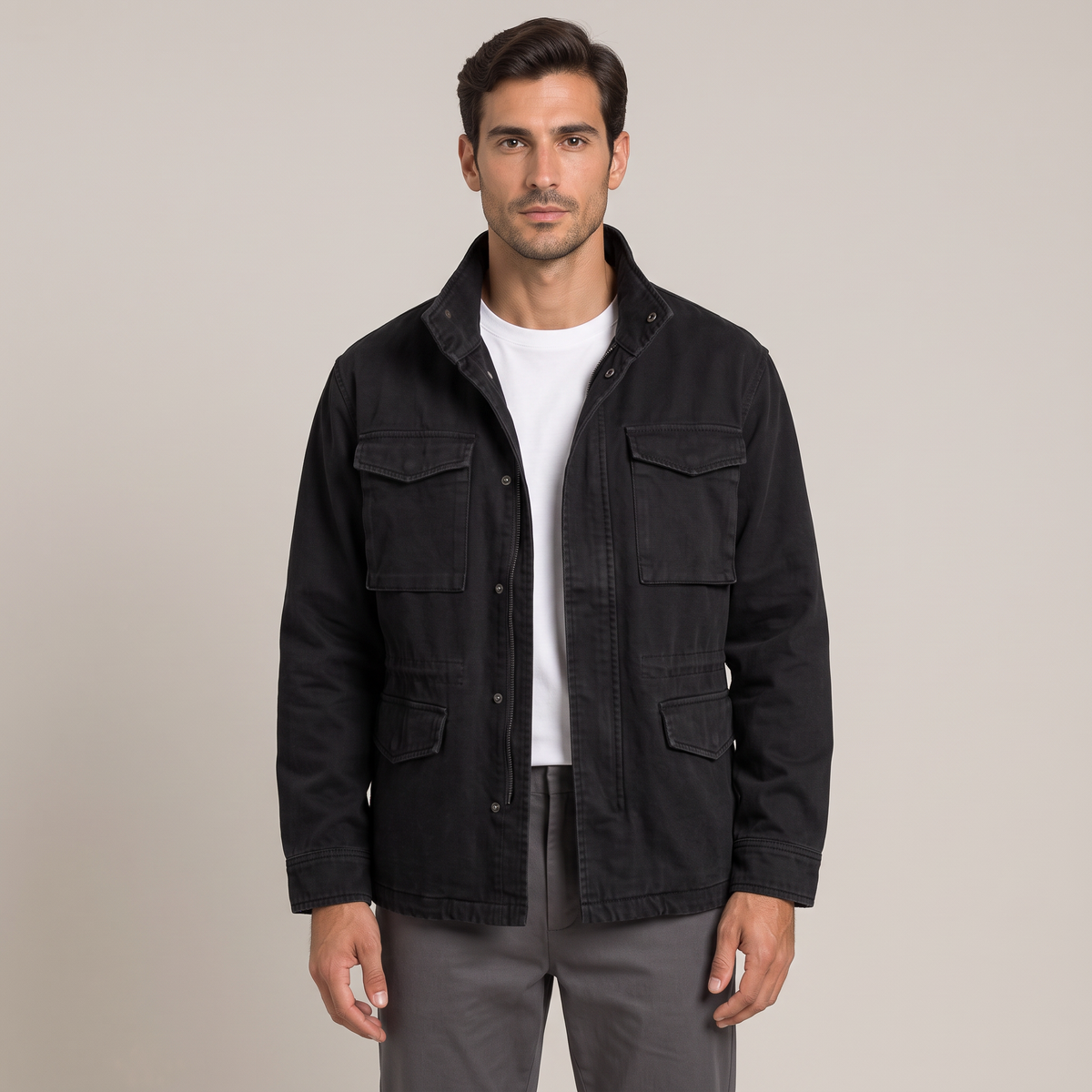 Men's washed multi-pocket workwear jacket in black
