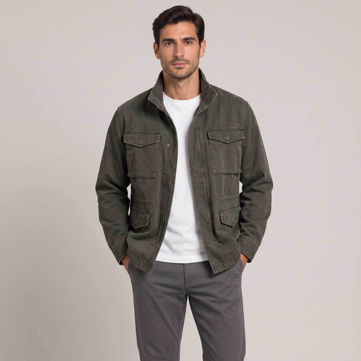 Men's washed multi-pocket workwear jacket in olive