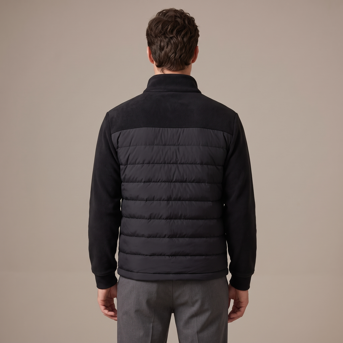 Back view of the down jacket in black