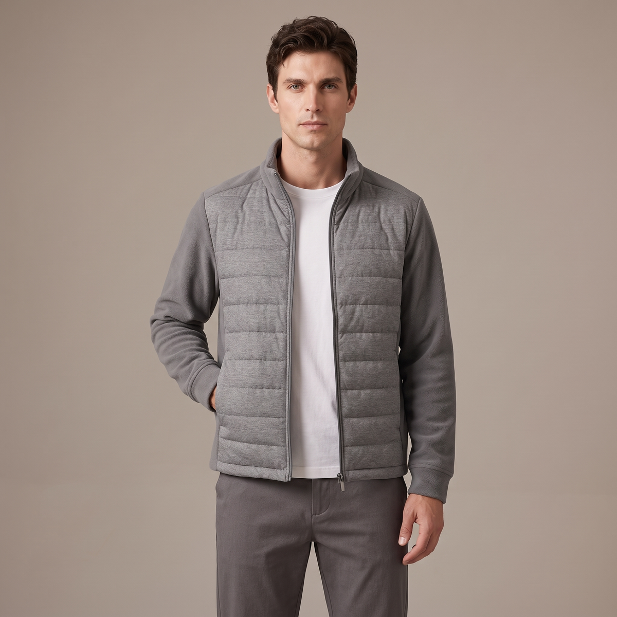 Men's duck down stand collar jacket in grey