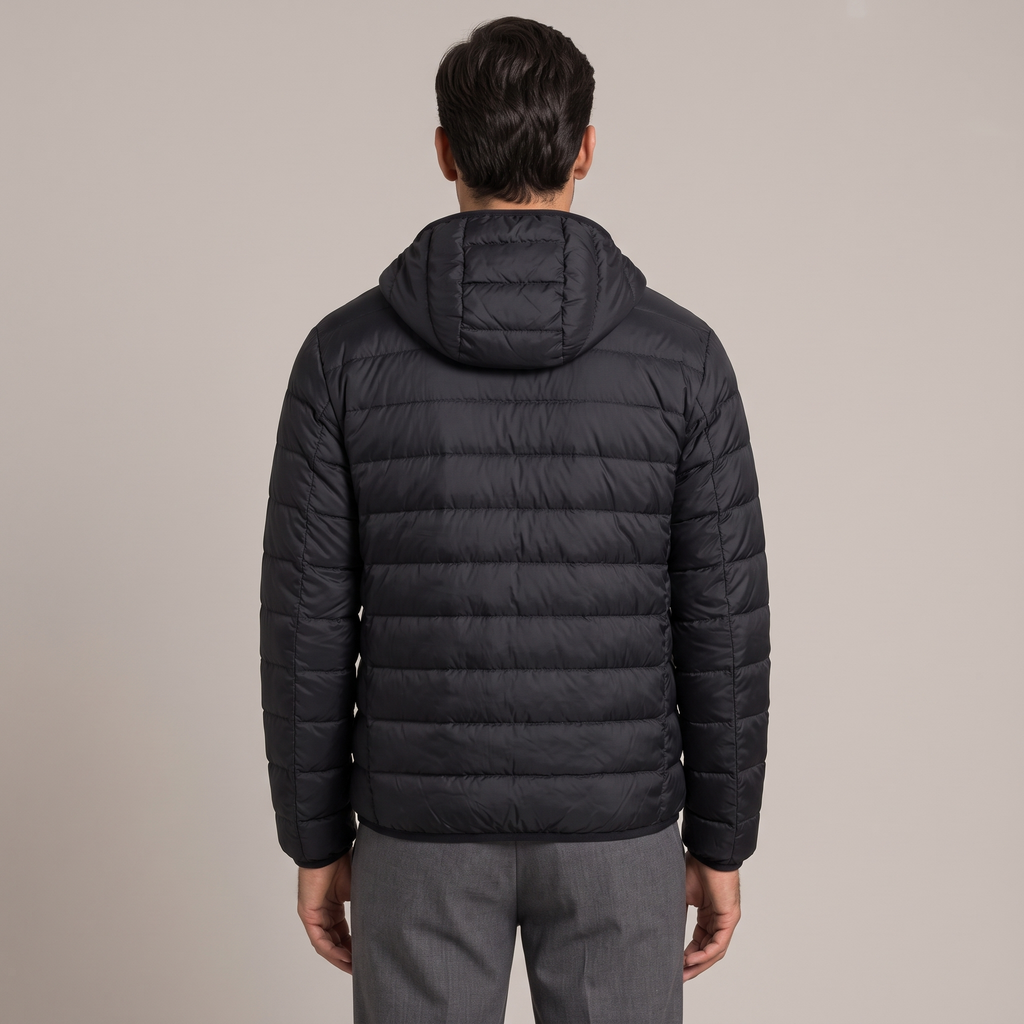 Back view of the hooded down jacket in black