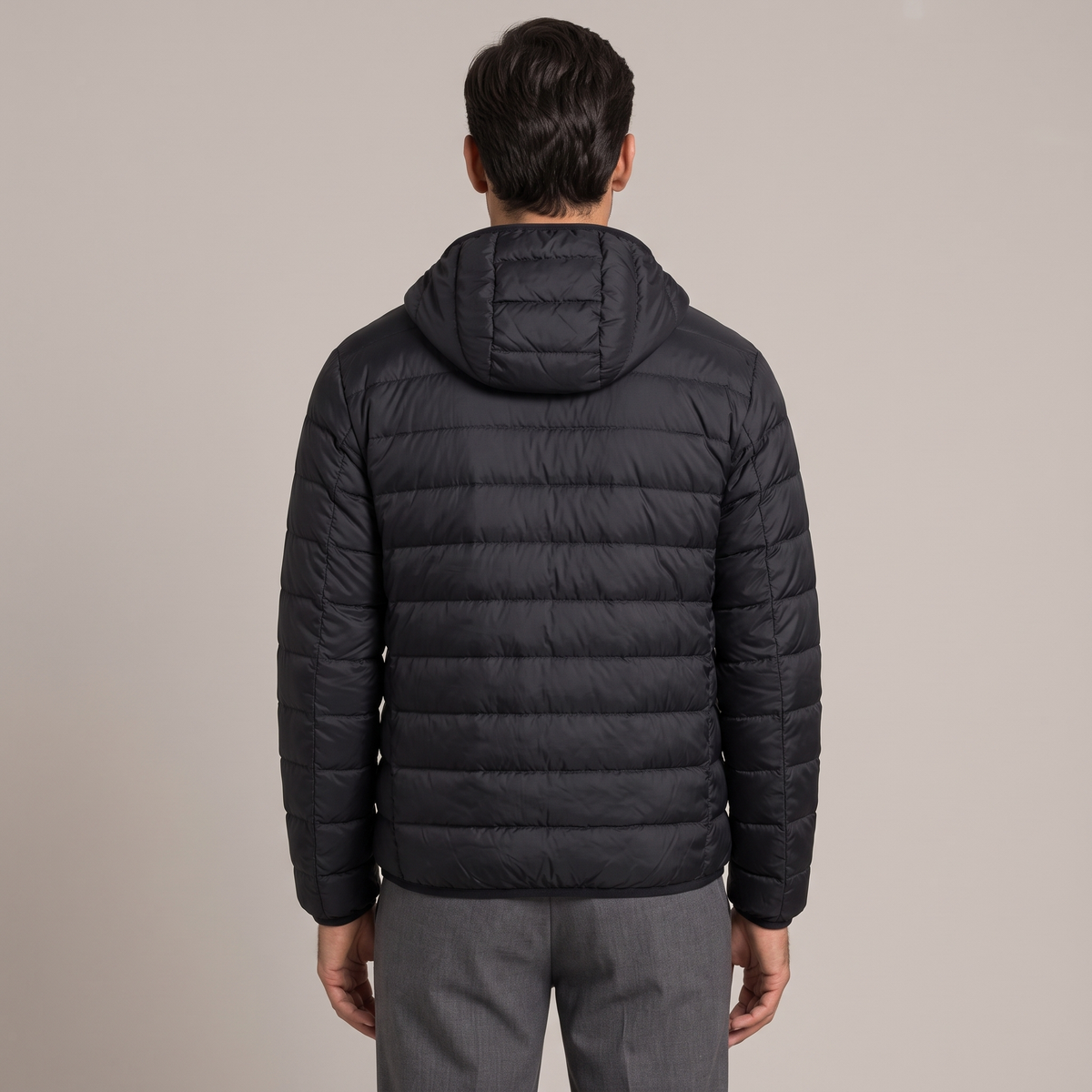 Back view of the hooded down jacket in black