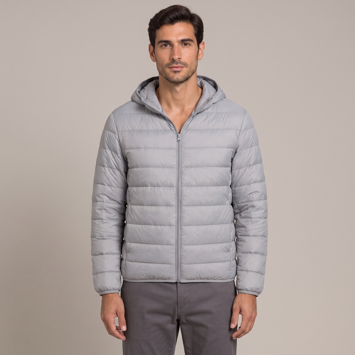 Men's lightweight hooded down jacket in light grey