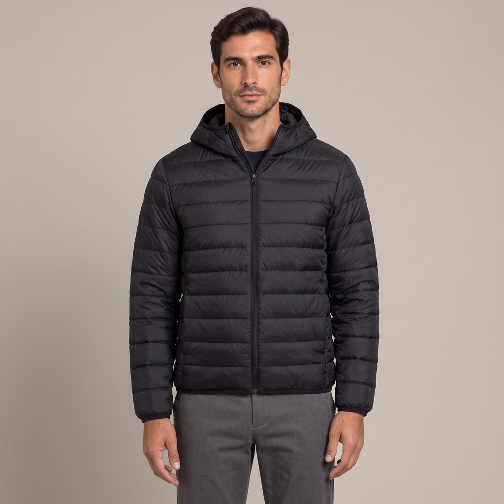 Men's lightweight hooded down jacket in black