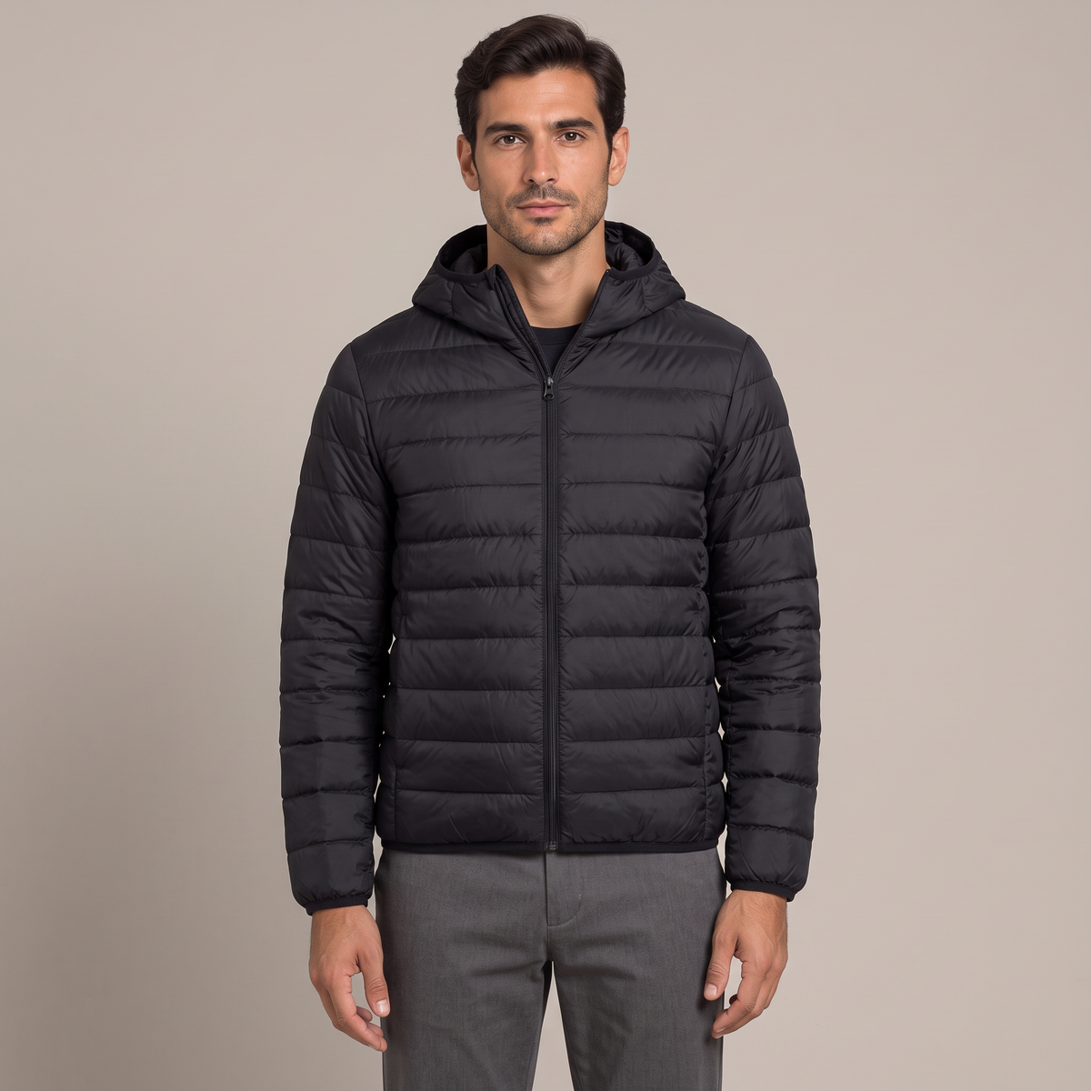 Men's lightweight hooded down jacket in black