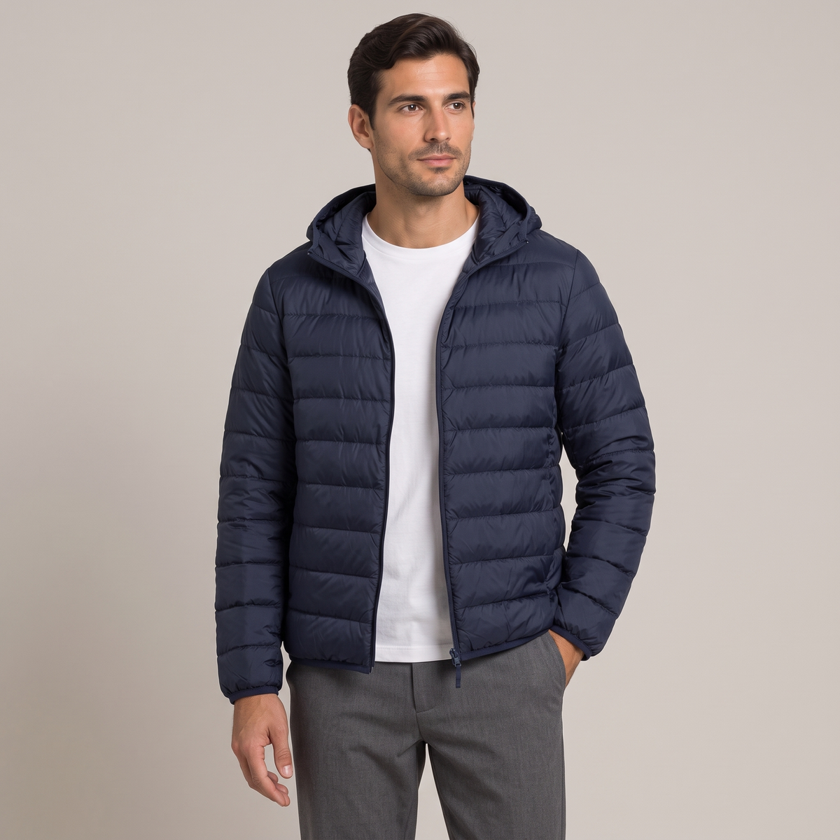 Men's lightweight hooded down jacket in navy