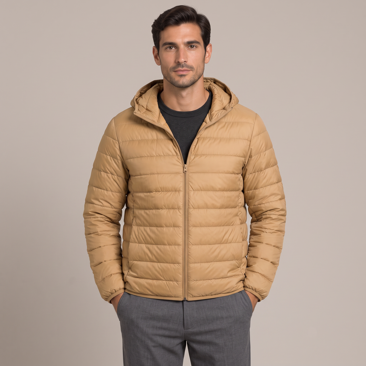 Men's lightweight hooded down jacket in camel