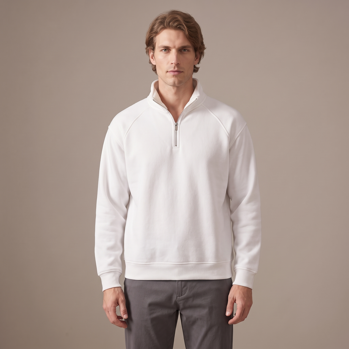 Men's fleece lined half-zip sweatshirt in white