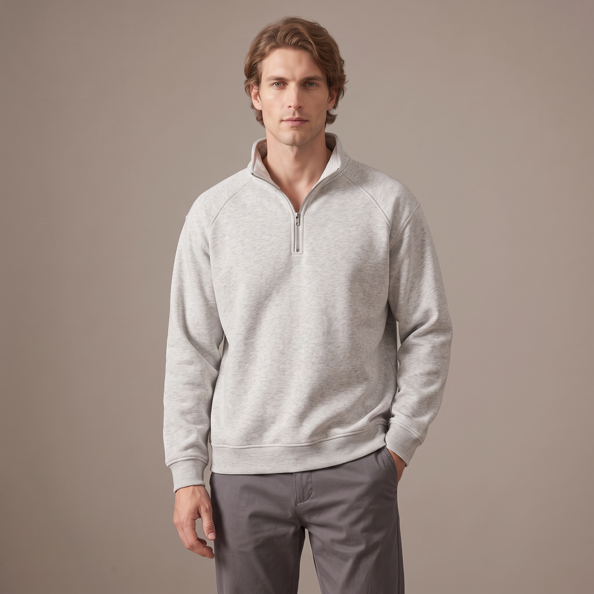 Men's fleece lined half-zip sweatshirt in light grey