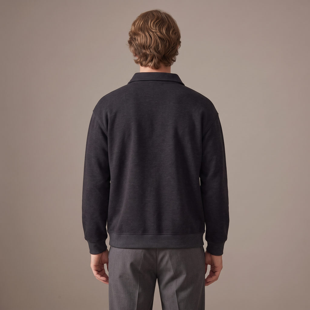 Back view of the half-zip sweatshirt in charcoal