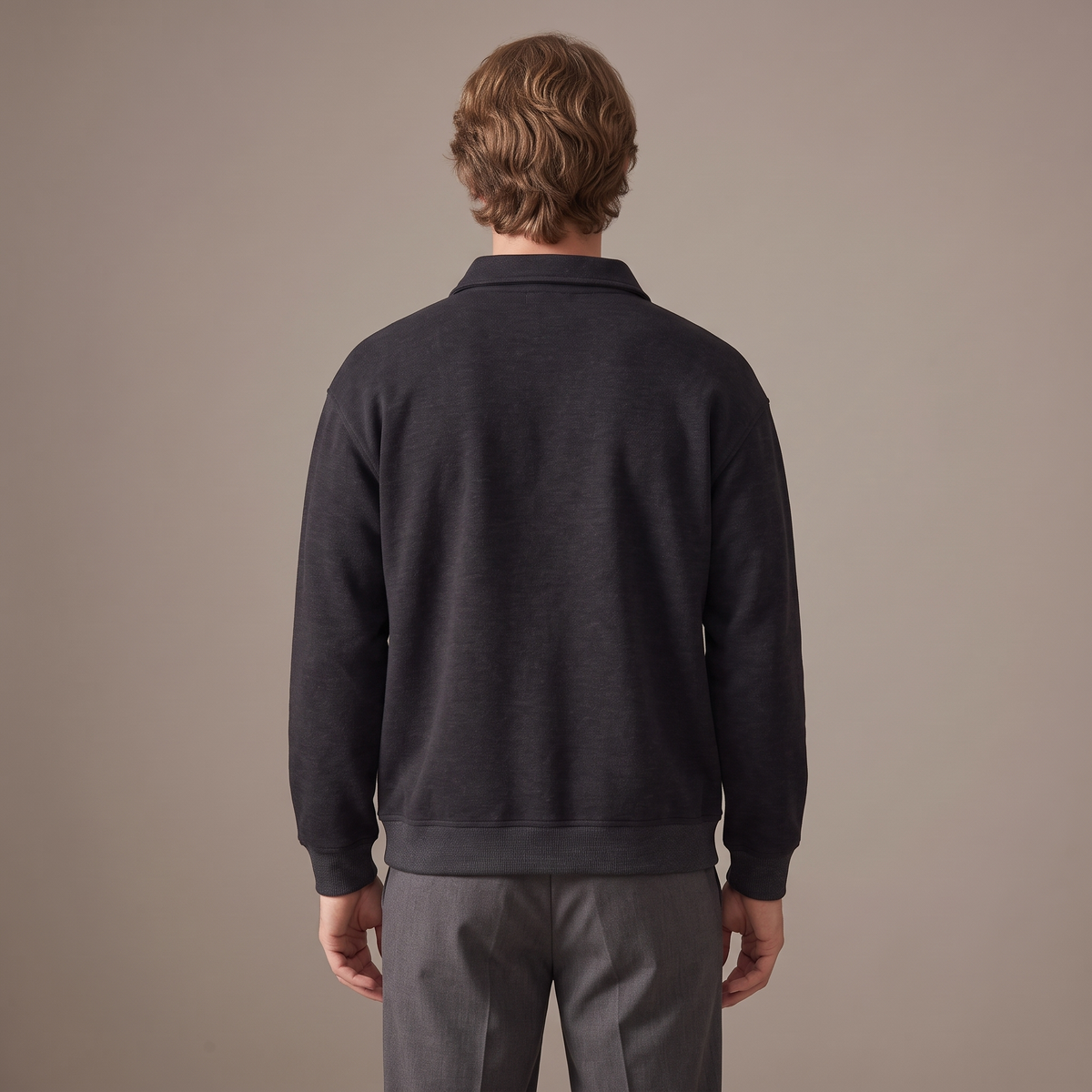 Back view of the half-zip sweatshirt in charcoal