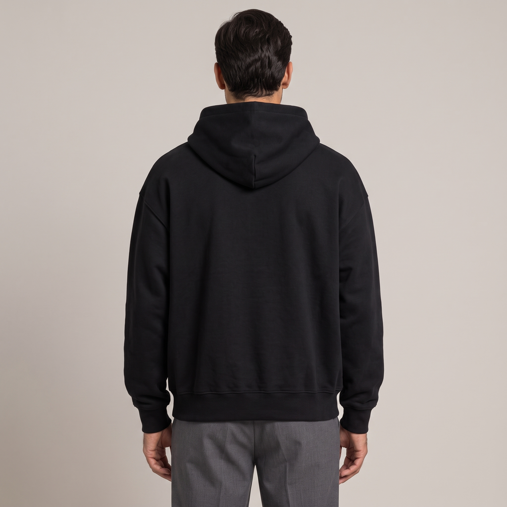 Back view of the boxy hoodie in black