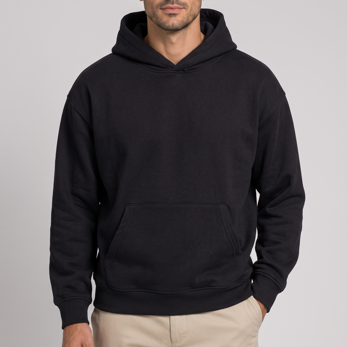 Close-up of the hood and heavy cotton terry, in black