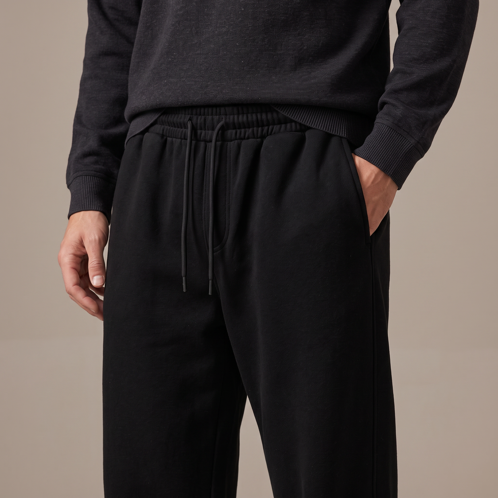 Close-up of the drawstring waistband and pocket, in black