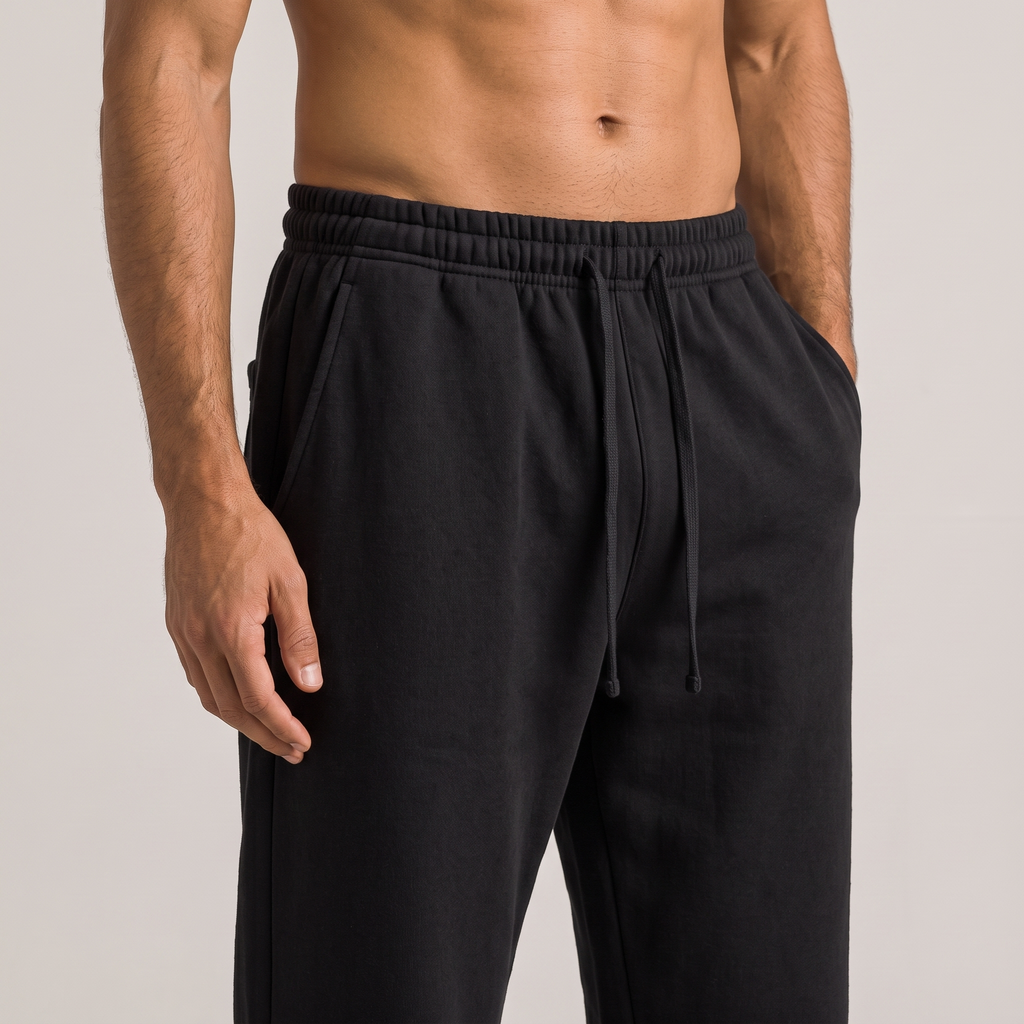 Close-up of the drawstring waistband and pocket, in black
