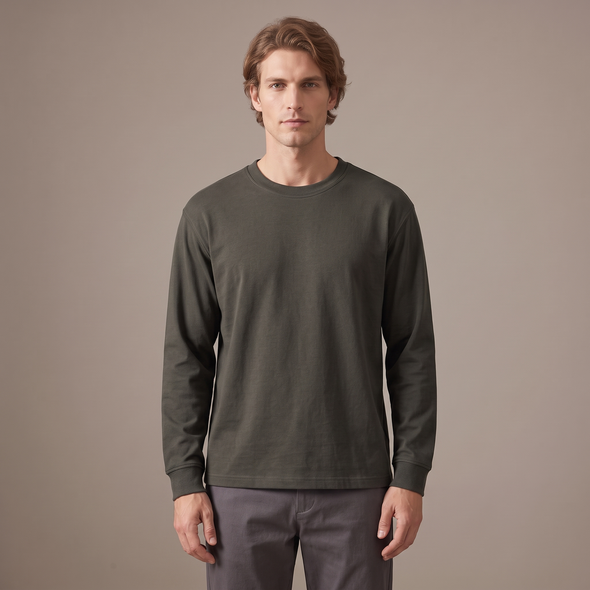 Men's triple stitch long sleeve t-shirt in olive