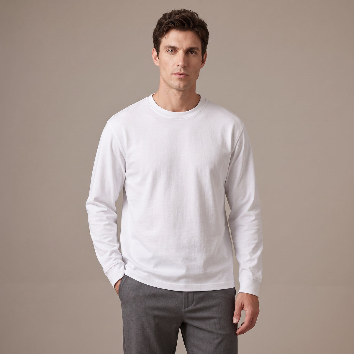 Men's heavy opaque cotton long sleeve t-shirt in white