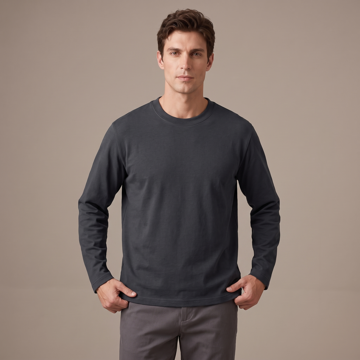 Men's heavy opaque cotton long sleeve t-shirt in charcoal