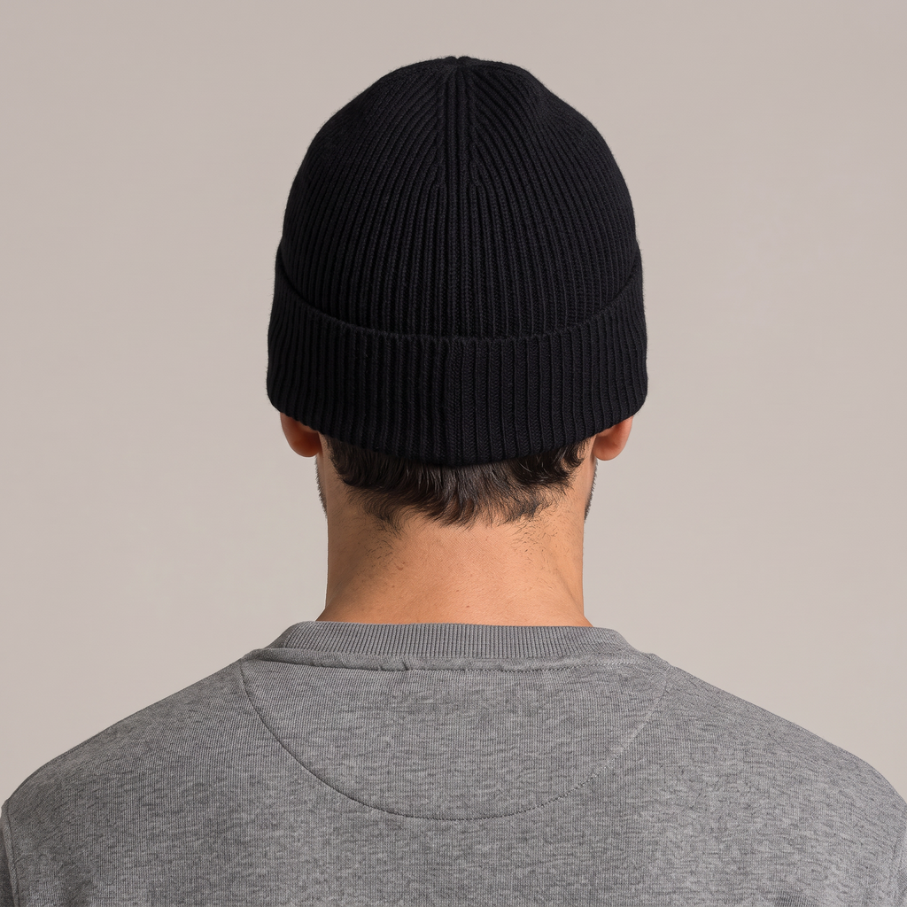 Back view of the wool beanie in black