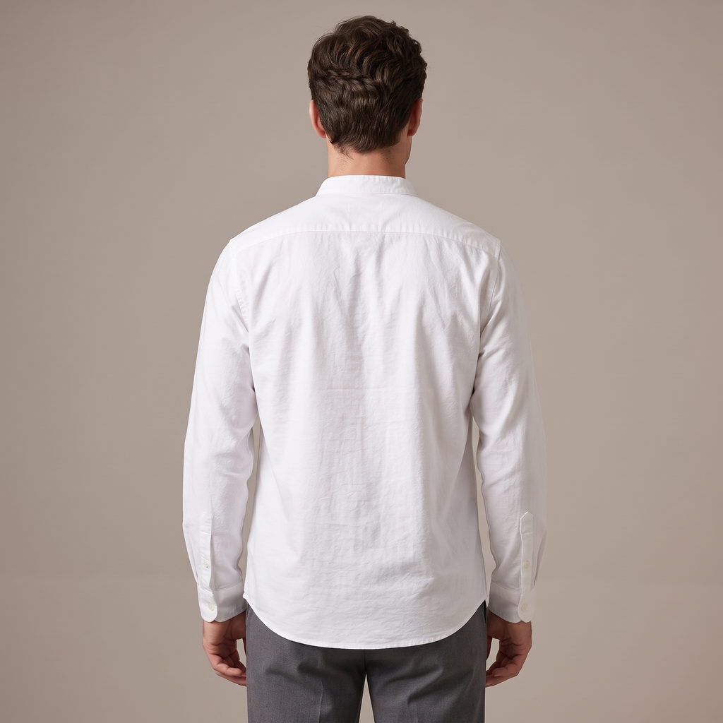 Back view of the oxford shirt in white