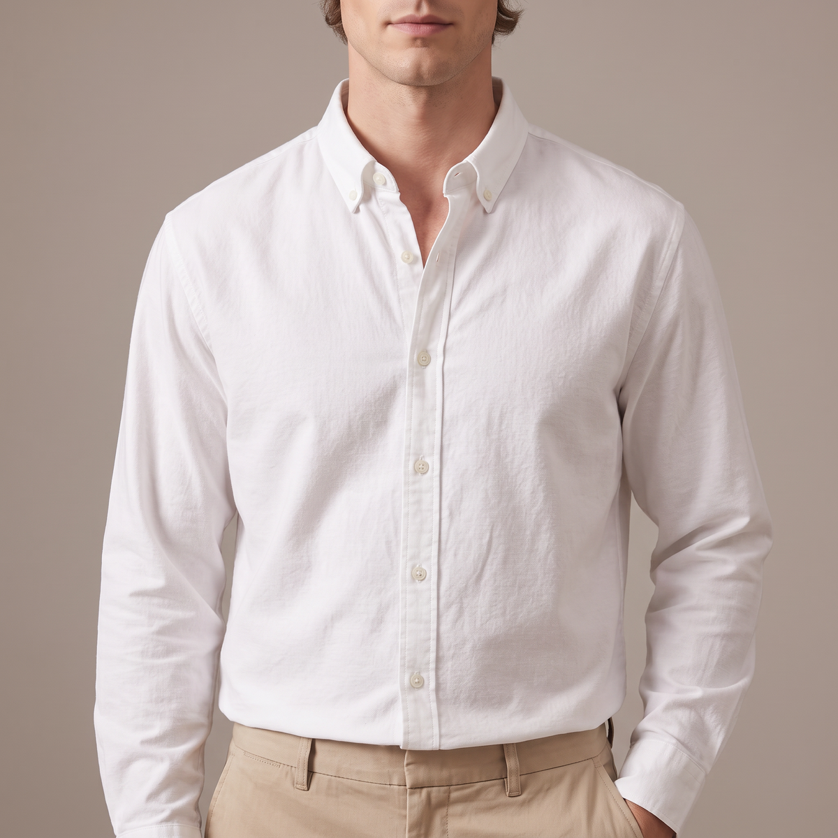 Close-up of the point collar and buttons, in white