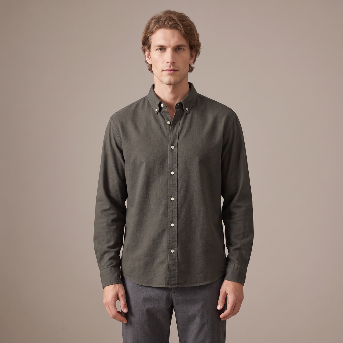 Men's washed cotton oxford shirt in olive