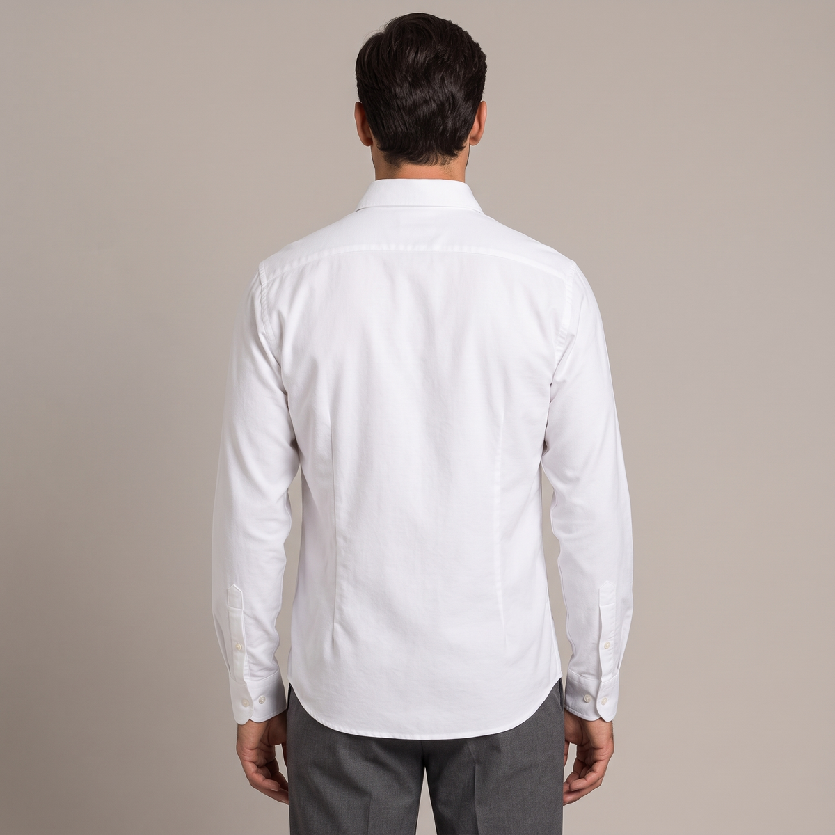 Back view of the European cut oxford shirt in white