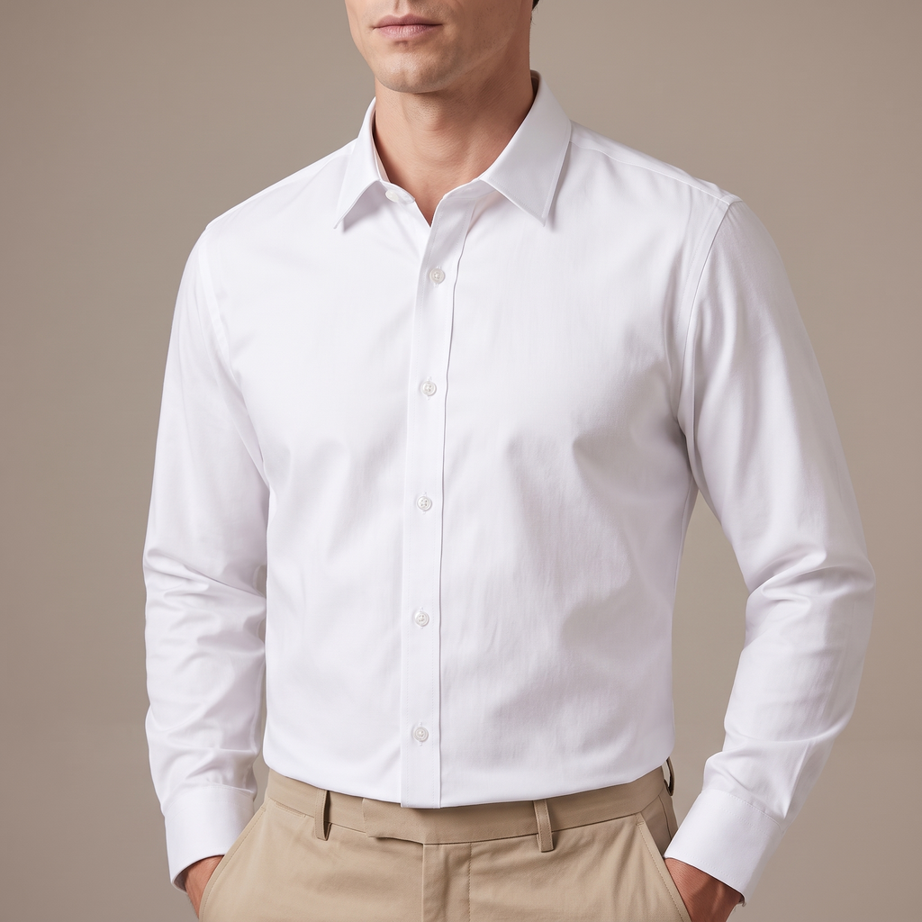 Close-up of the spread collar and buttons, in white