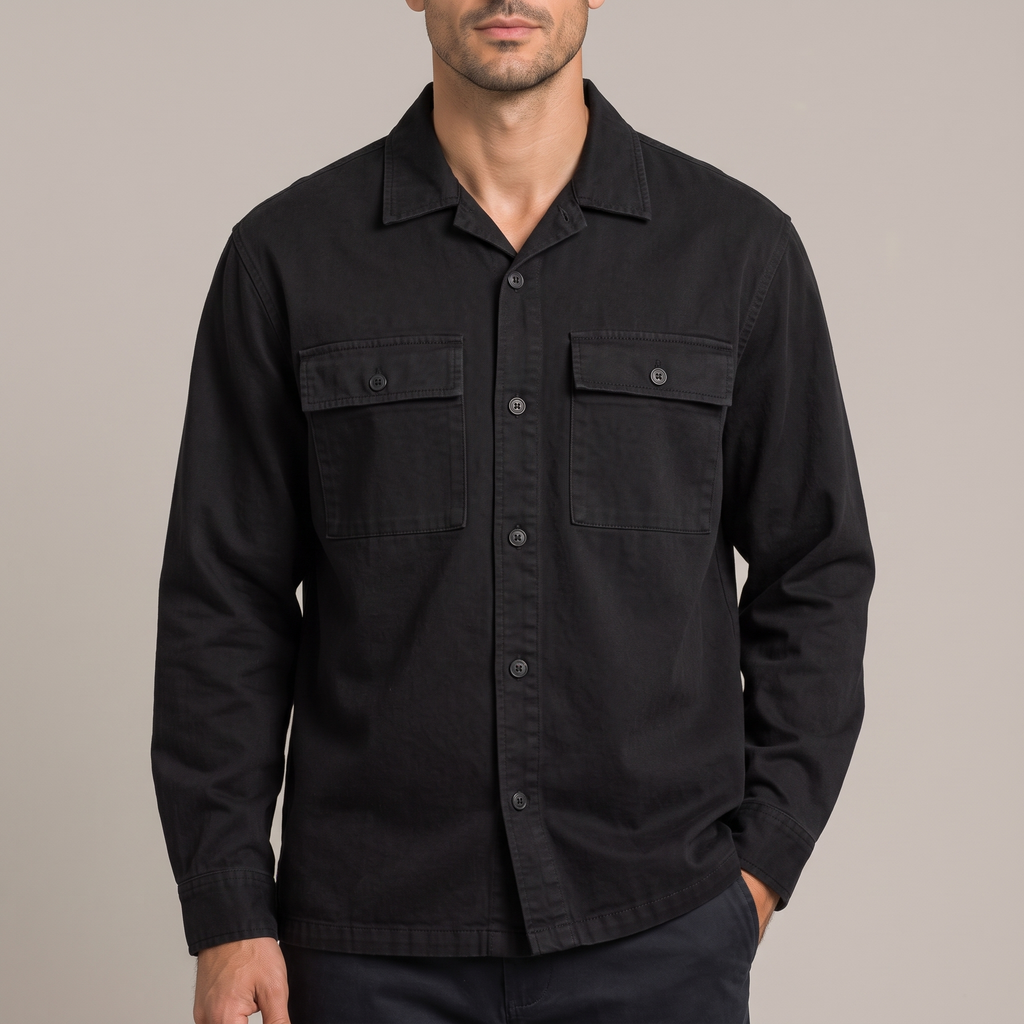 Close-up of the washed cotton fabric and chest pockets in black