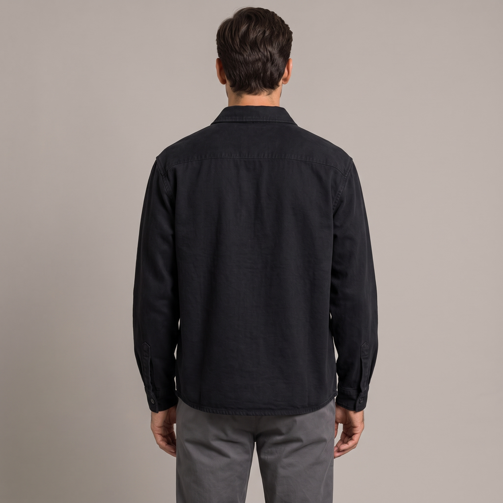 Men's washed cotton workwear shirt in black, back view