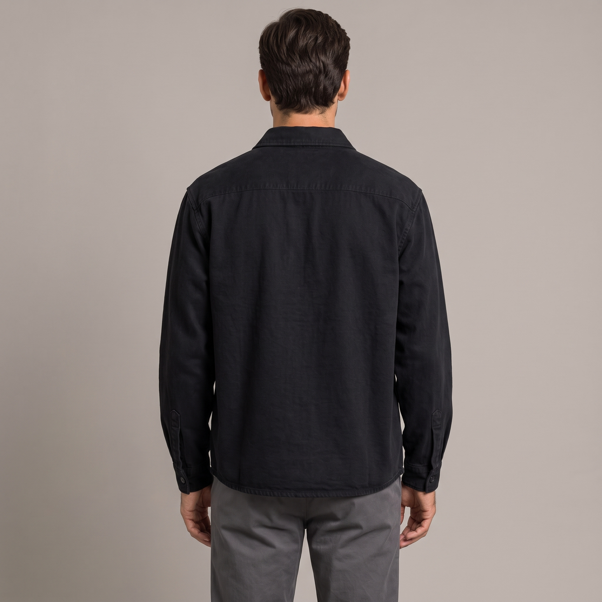 Men's washed cotton workwear shirt in black, back view