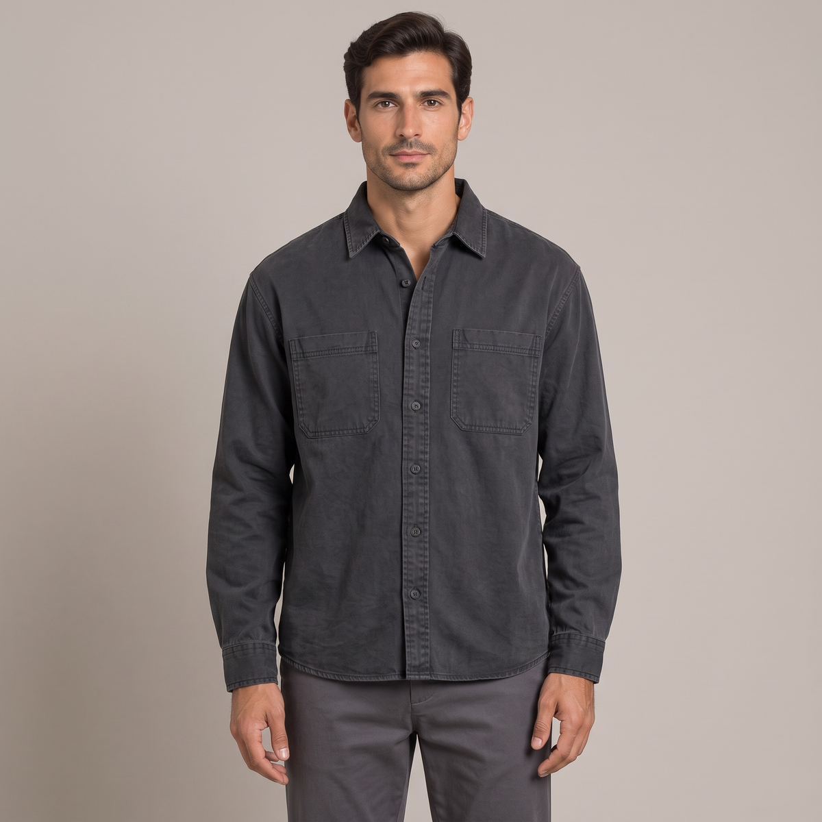 Men's washed cotton workwear shirt in charcoal, front view