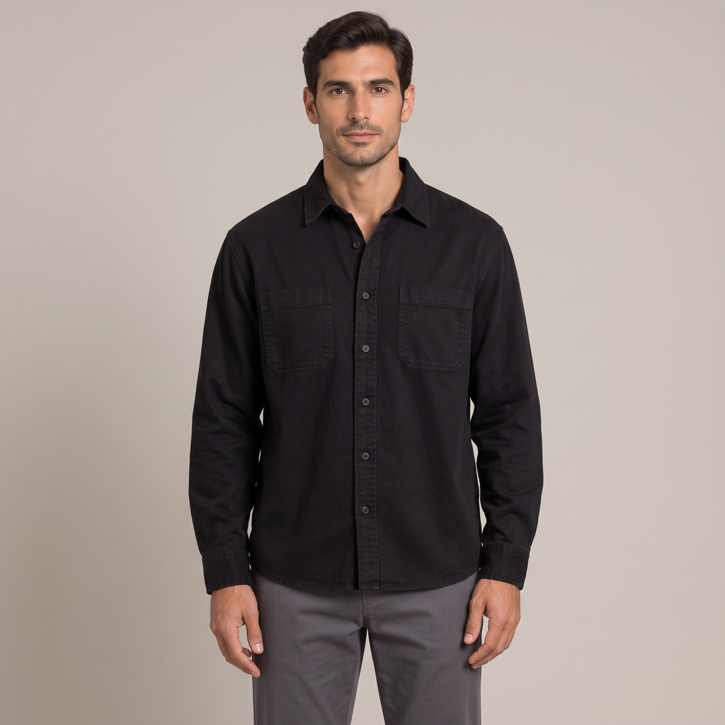 Men's washed cotton workwear shirt in black, front view