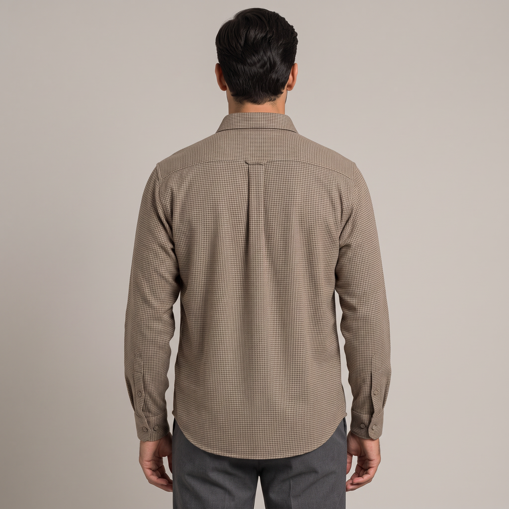 Men's houndstooth shirt in brown, back view