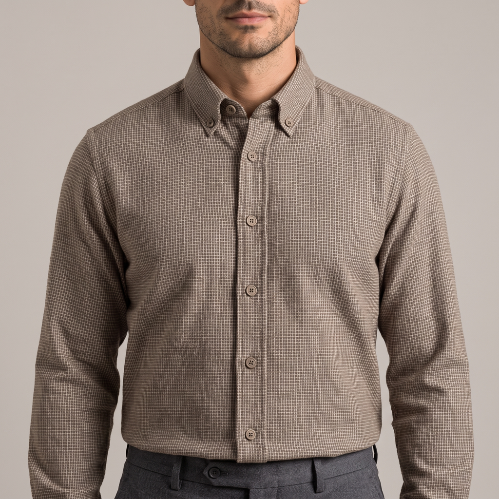 Close-up of the woven houndstooth and placket, in brown