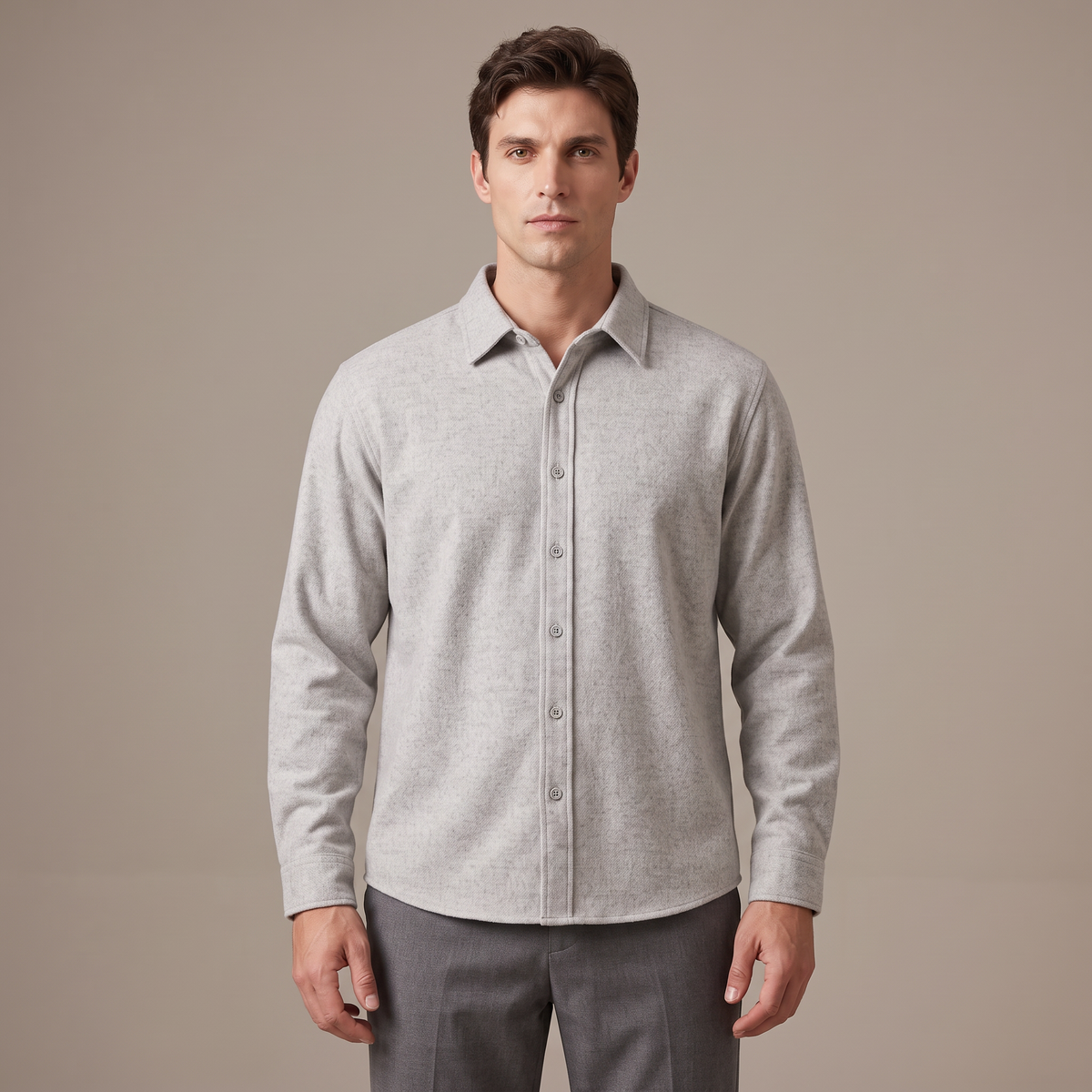 Men's double brushed wool blend shirt in light grey, front view