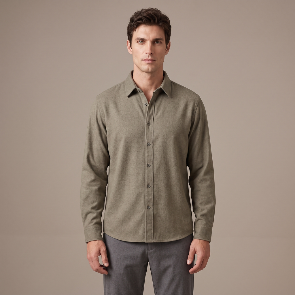 Men's double brushed wool blend shirt in khaki, front view