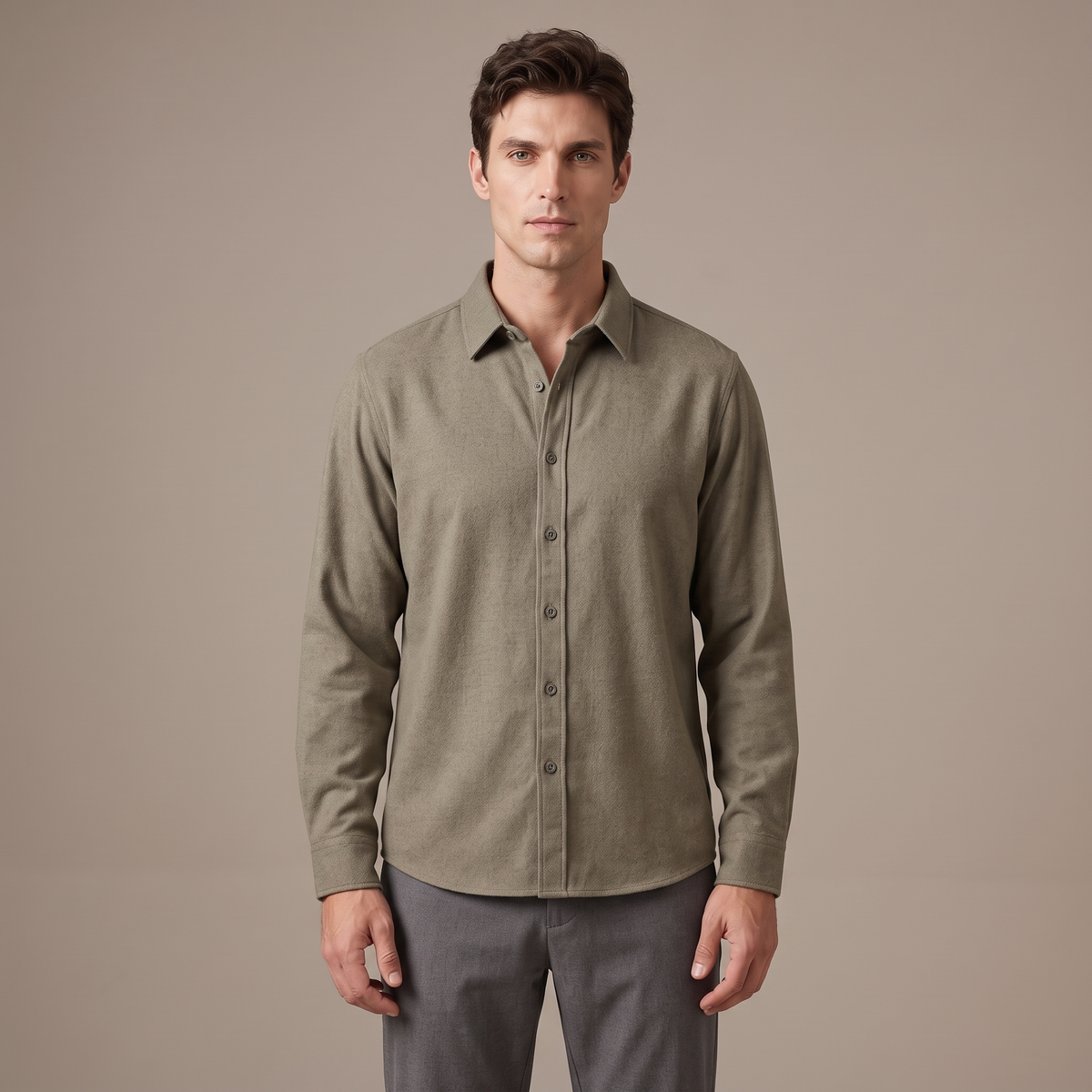 Men's double brushed wool blend shirt in khaki, front view