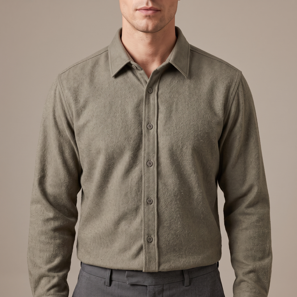 Close-up of the double brushed wool blend fabric and placket, in khaki